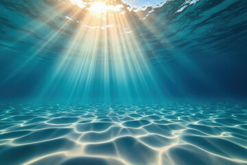 Underwater Scene with Sunlight Filtering Through Clear Water Illuminating Sandy Seabed and Ripples