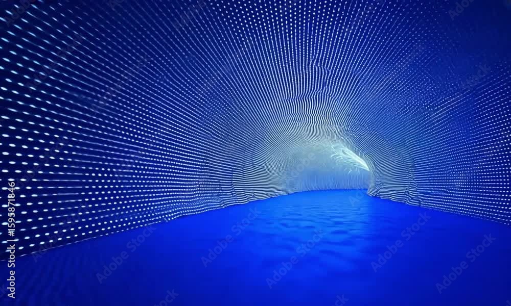 Poster a luminous tunnel illuminated with blue and white lights creating a futuristic atmosphere design