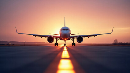 Obraz premium Passenger jet on runway at sunset warm orange glow isolated on white background dramatic lighting aviation photography