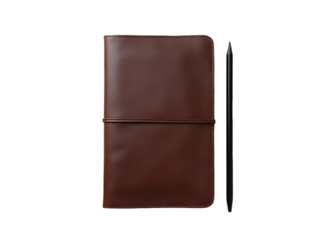 Rich brown leather journal with elastic closure and black pencil isolated on a transparent background