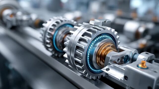 Precision Engineering: Intricate gears and mechanical components interlock in a dynamic display of precision manufacturing, illuminated by modern technology.
