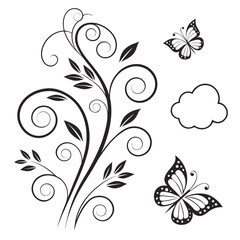 Black floral swirls with butterflies and cloud white
