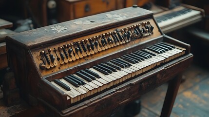 Antique musical instrument with worn keys in a historical photo of a small vintage piano