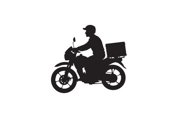 Silhouette of a delivery man riding a motorcycle with a box on the back isolated on white perfect for delivery service or transportation related designs Art & Illustration