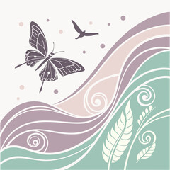 Butterfly and bird with abstract wavy lines and leaves