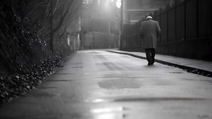 Obraz premium A lone businessman walks through a dark, light-streaked city tunnel, a silhouette of success moving towards an open door