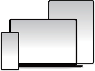 Smartphone, laptop, and tablet standing together on white background