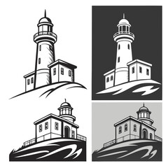 Coastal beacon structure with surrounding buildings