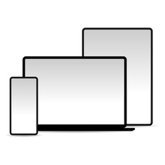 Device trio: smartphone, tablet, and laptop mockup on white background (JPEG version)