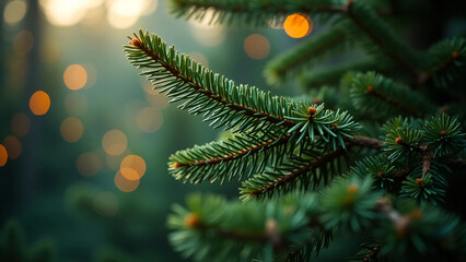 Macro view of pine tree branches with soft golden bokeh lights in the background and spacious negative space, ideal for luxury holiday branding, seasonal celebration, or elegant festive designs