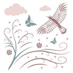 Flying bird butterflies floral elements clouds butterfly