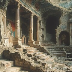 Ancient roman ruins with columns and frescoes evoking historical architectural grandeur photo