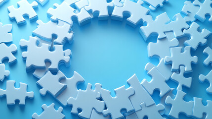 Puzzle Pieces Forming a Circle on a Blue Background