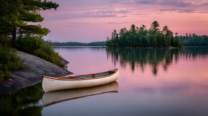 Serene canoe on a still Ontario lake at twilight. Peaceful pastel sky reflecting on calm water.