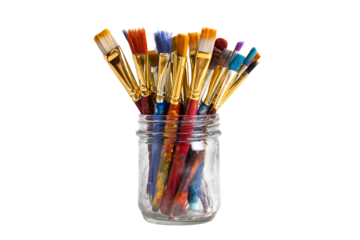paint brushes in jar isolated on transparent background