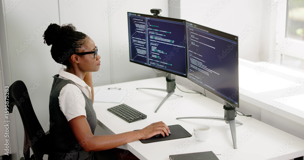 Aufkleber portrait of young african woman coding as web programmer