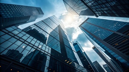 Modern Glass Skyscrapers in Financial District &ndash; Low Angle Urban Cityscape
