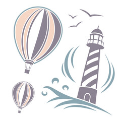 Hot air balloons and lighthouse with seagulls travel