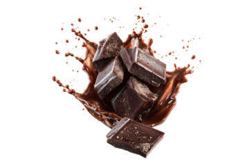 Dark chocolate bar splashing in chocolate sauce isolated on transparent background