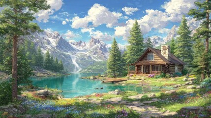 Fototapeta premium Rustic Mountain Cabin By Turquoise Lake With Lush Forest