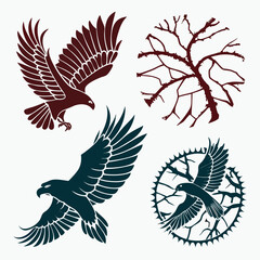 Maroon and teal eagles with branches bird flying