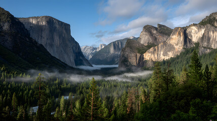 Naklejka premium Epic Yosemite Valley sunrise with golden light on El Capitan, Half Dome, and morning fog rolling over the pine forest.