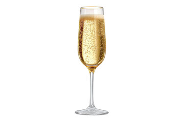 Champagne flute filled with bubbly golden liquid isolated on transparent background