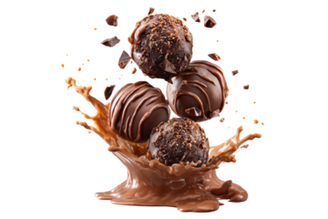 Chocolate truffles falling in chocolate splash isolated on transparent background