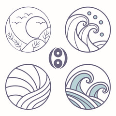 Nature inspired circular emblems waves birds