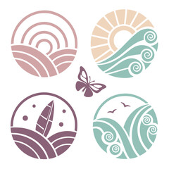 Nature inspired circular emblems with butterfly icons