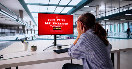 Female Businesswoman Defends PC Against Cyber Ransomware Attack