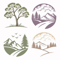 Obraz premium Nature landscape icons with trees mountains and clouds