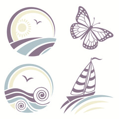 Obraz premium Nautical and nature icons butterfly sailboat