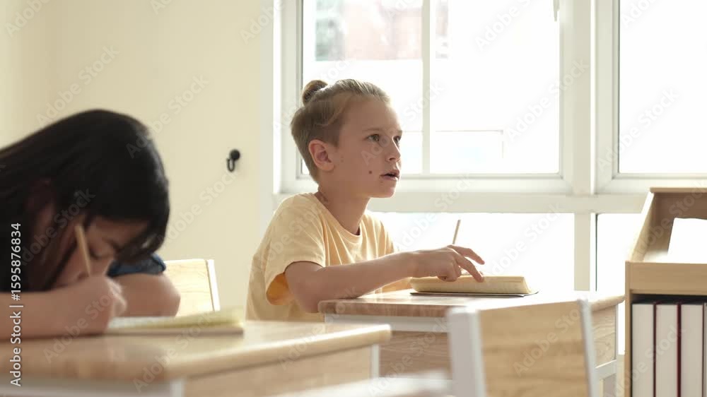Poster smart student answer teacher's question while sitting at classroom. diverse children learning and st