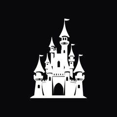Majestic castle silhouette stands grandly against a dark isolated night background