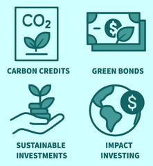 Eco-Friendly Finance and ESG Score Icon Set Featuring Sustainable Investment, Carbon Credits, and Green Bond UI Elements