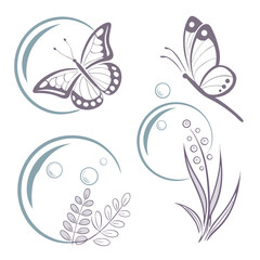 Purple butterflies and foliage design elements butterfly