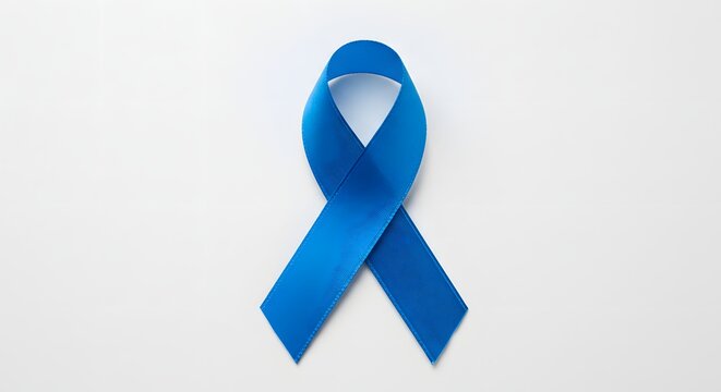 A blue ribbon isolated on white background symbolizes awareness and support for various causes, including prostate cancer