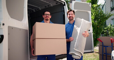 Professional Movers Delivering Furniture With Blue Truck
