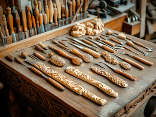 Rustic Workbench with Wooden Hand-Carving Tools
