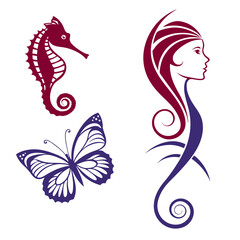 Seahorse butterfly and woman profile silhouette