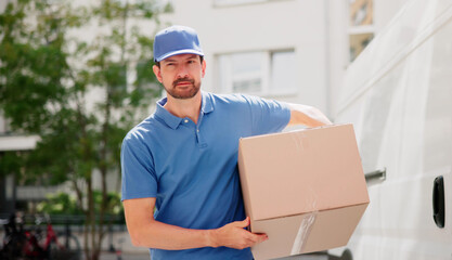 Delivery Man Smiling While Carrying Package To Customer's Front Door