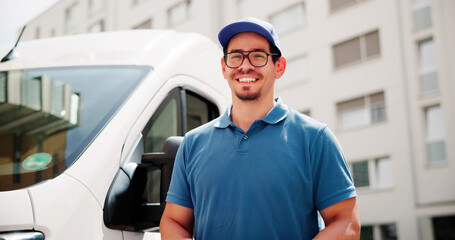 Confident Hispanic Courier Delivering Packages Using Tablet