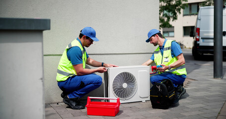 Skilled HVAC Technician Fixing Heating Pump And Condenser