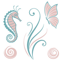 Seahorse butterfly floral swirls decorative