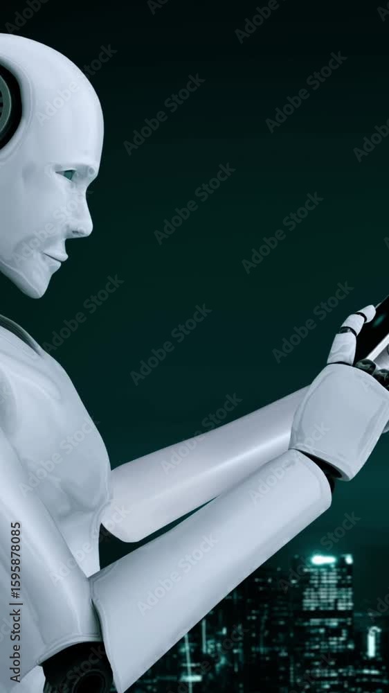 Poster robot hominoid use mobile phone or tablet for global network connection using ai thinking brain , ar