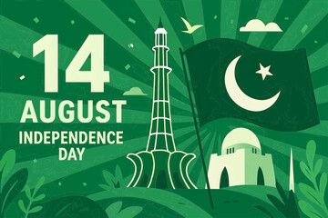 Pakistan Independence Day Poster – 14 August Celebration with Minar-e-Pakistan and National Symbols