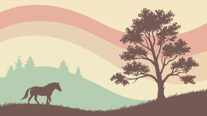 Horse landscape scene vector art with tree silhouette and pastel sky background for graphic design use