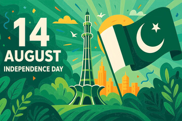 Pakistan Independence Day Poster – 14 August Celebration with Minar-e-Pakistan and National Flag
