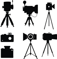 Camera & Tripod Silhouette Icon Set, Cinematic & Security Camera Silhouettes, Media Gear Silhouette Icons